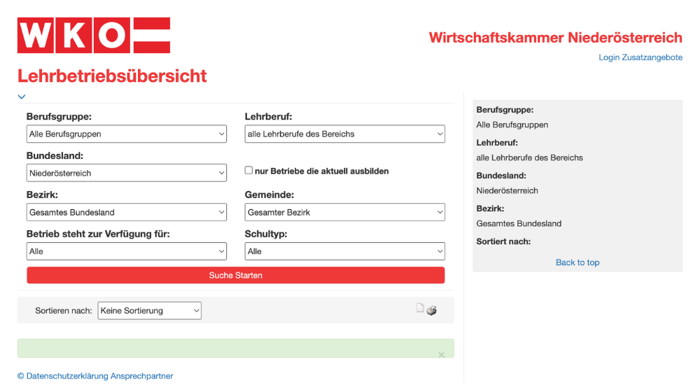 Lehrbetriebsübersicht der WKO